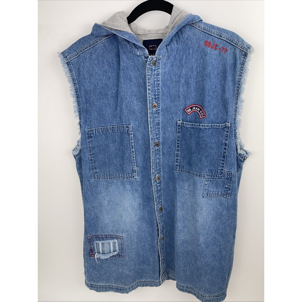 Bugle Boy Jean Co Men Blue Denim Hood Vest M Button Front Pockets 1990s